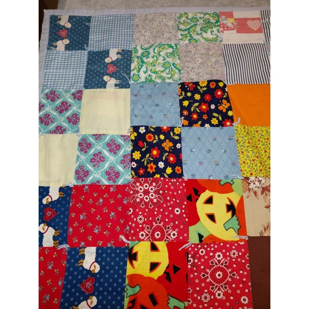 Vintage Scrap Patchwork Handmade Quilt Bright Floral Patches 80 X 40 READ DESC